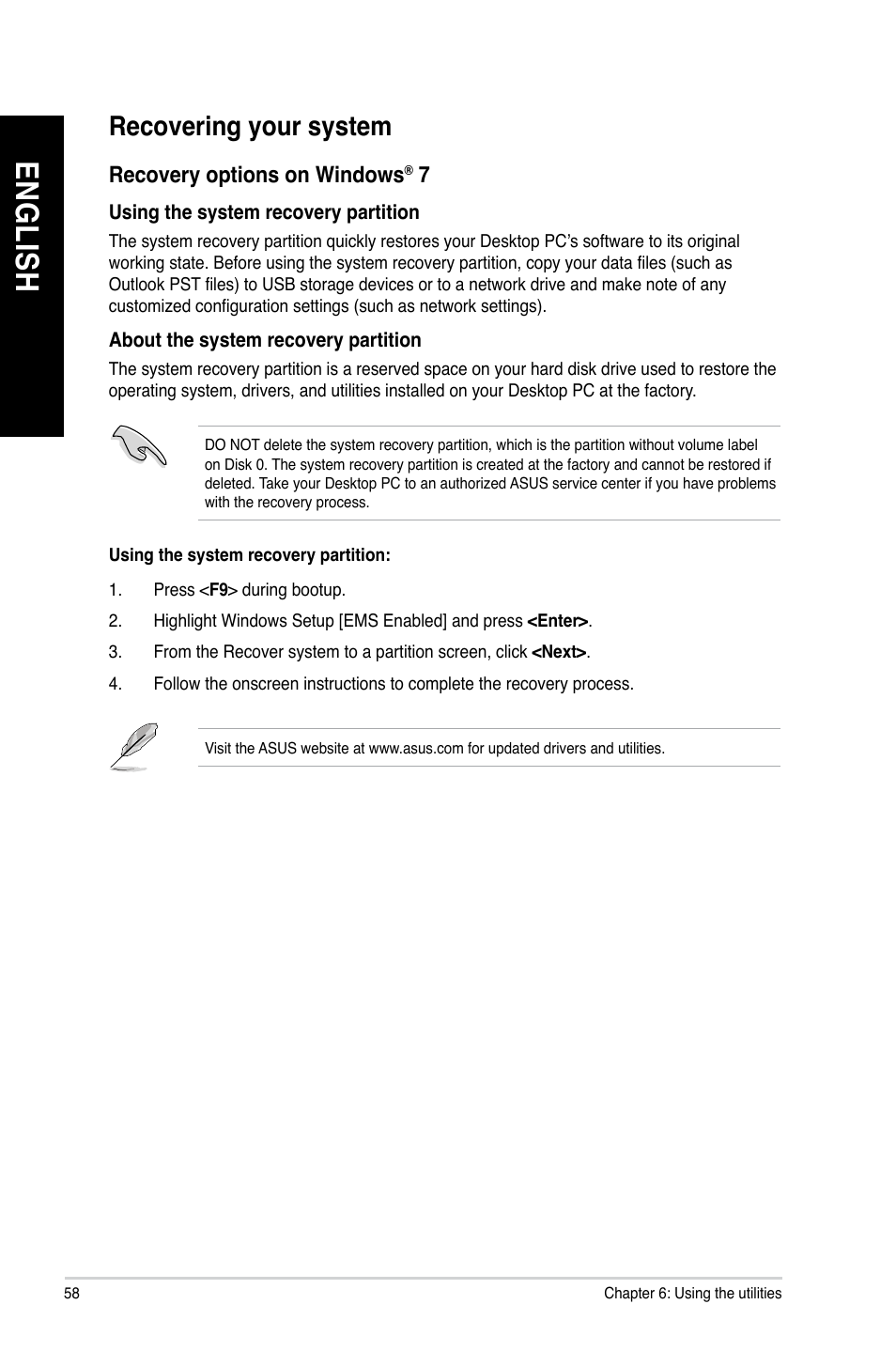 Recovering your system, En g lis h en g li sh en g lis h en g li sh | Asus M11AA User Manual | Page 58 / 68