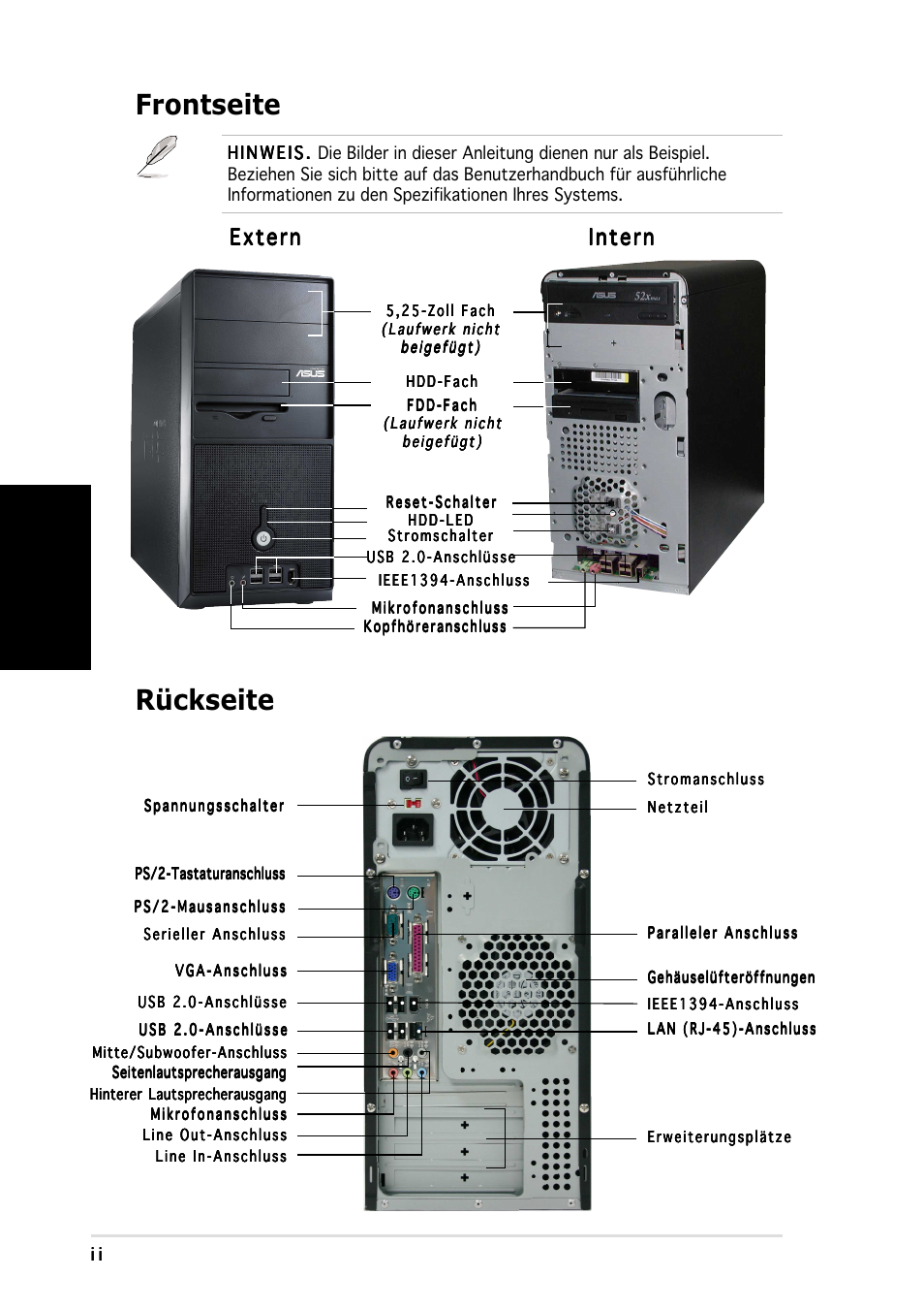 Frontseite, Rückseite, Deutsch | Extern, Extern intern intern intern intern intern | Asus Vintage-PH1 User Manual | Page 18 / 80