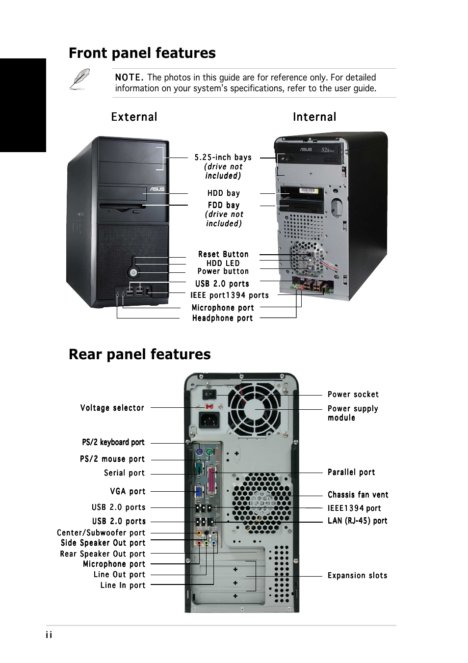 Front panel features, Rear panel features, English | External | Asus Vintage-PH1 User Manual | Page 2 / 80