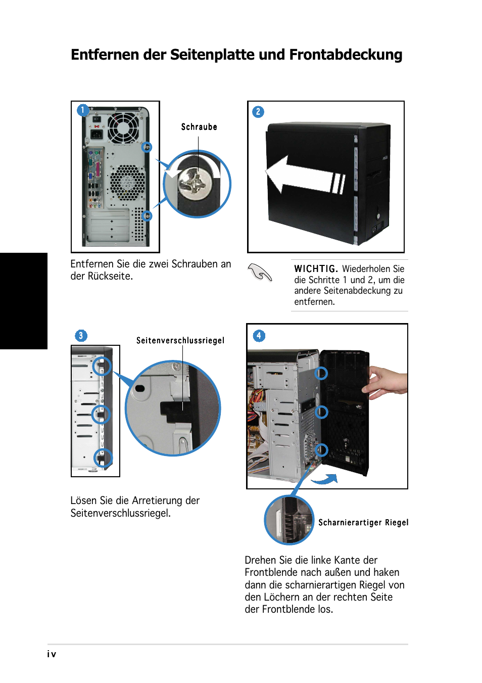 Entfernen der seitenplatte und frontabdeckung, Deutsch | Asus Vintage-PH1 User Manual | Page 20 / 80