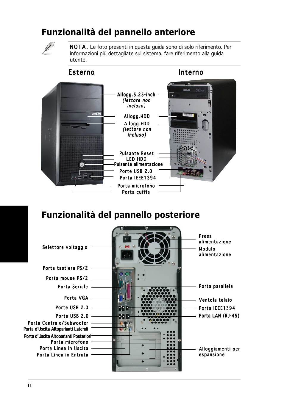 Funzionalità del pannello anteriore, Funzionalità del pannello posteriore, Italiano | Esterno, Esterno interno interno interno interno interno | Asus Vintage-PH1 User Manual | Page 26 / 80