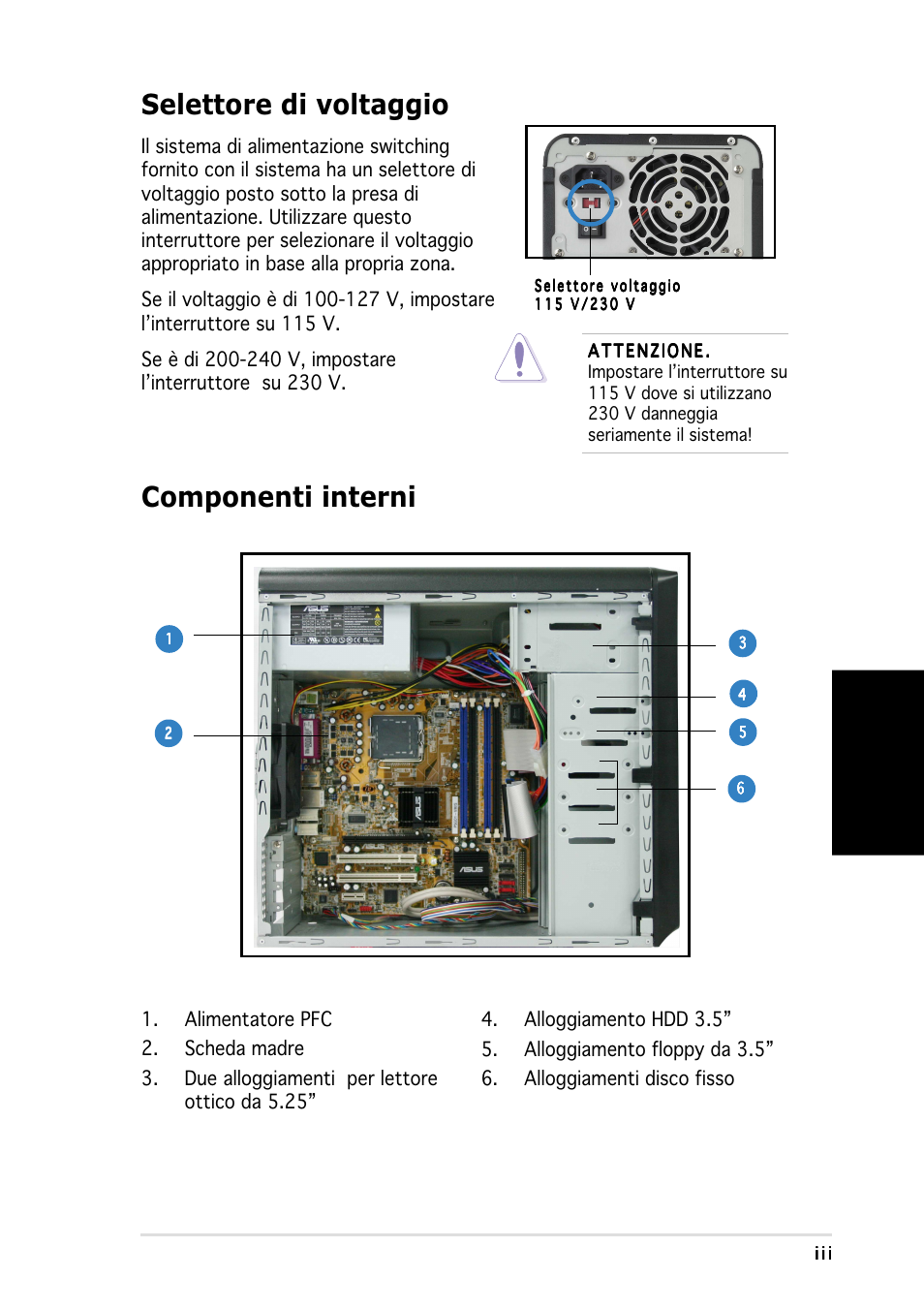 Selettore di voltaggio, Componenti interni, Italiano | Asus Vintage-PH1 User Manual | Page 27 / 80