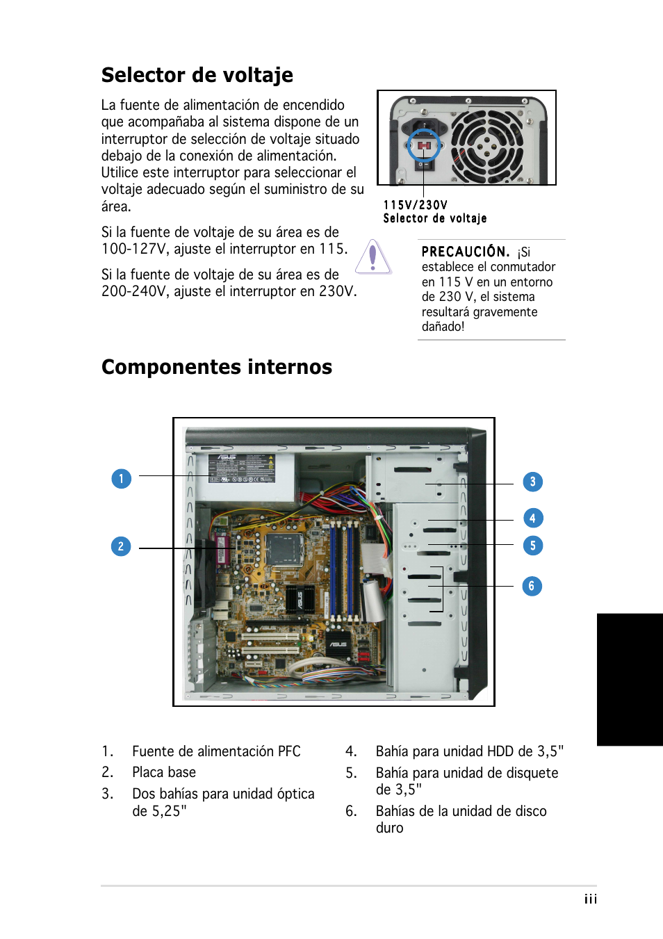 Selector de voltaje, Componentes internos, Espa ñ ol | Asus Vintage-PH1 User Manual | Page 35 / 80