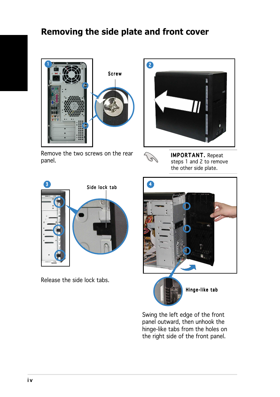 Removing the side plate and front cover, English | Asus Vintage-PH1 User Manual | Page 4 / 80