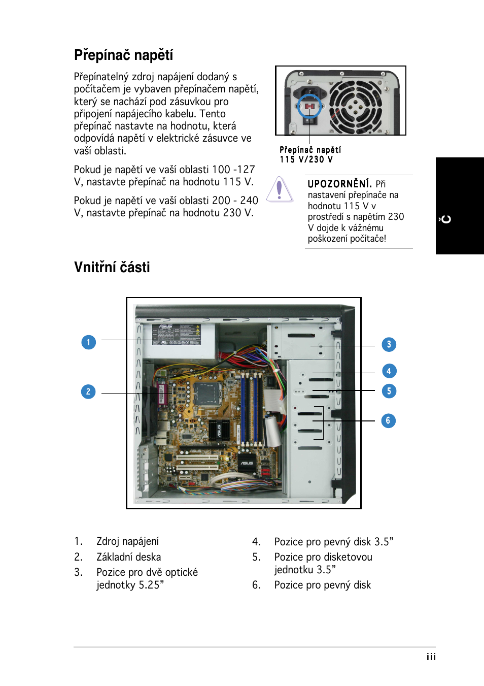 Přepínač napětí, Vnitřní části, Česky | Asus Vintage-PH1 User Manual | Page 59 / 80