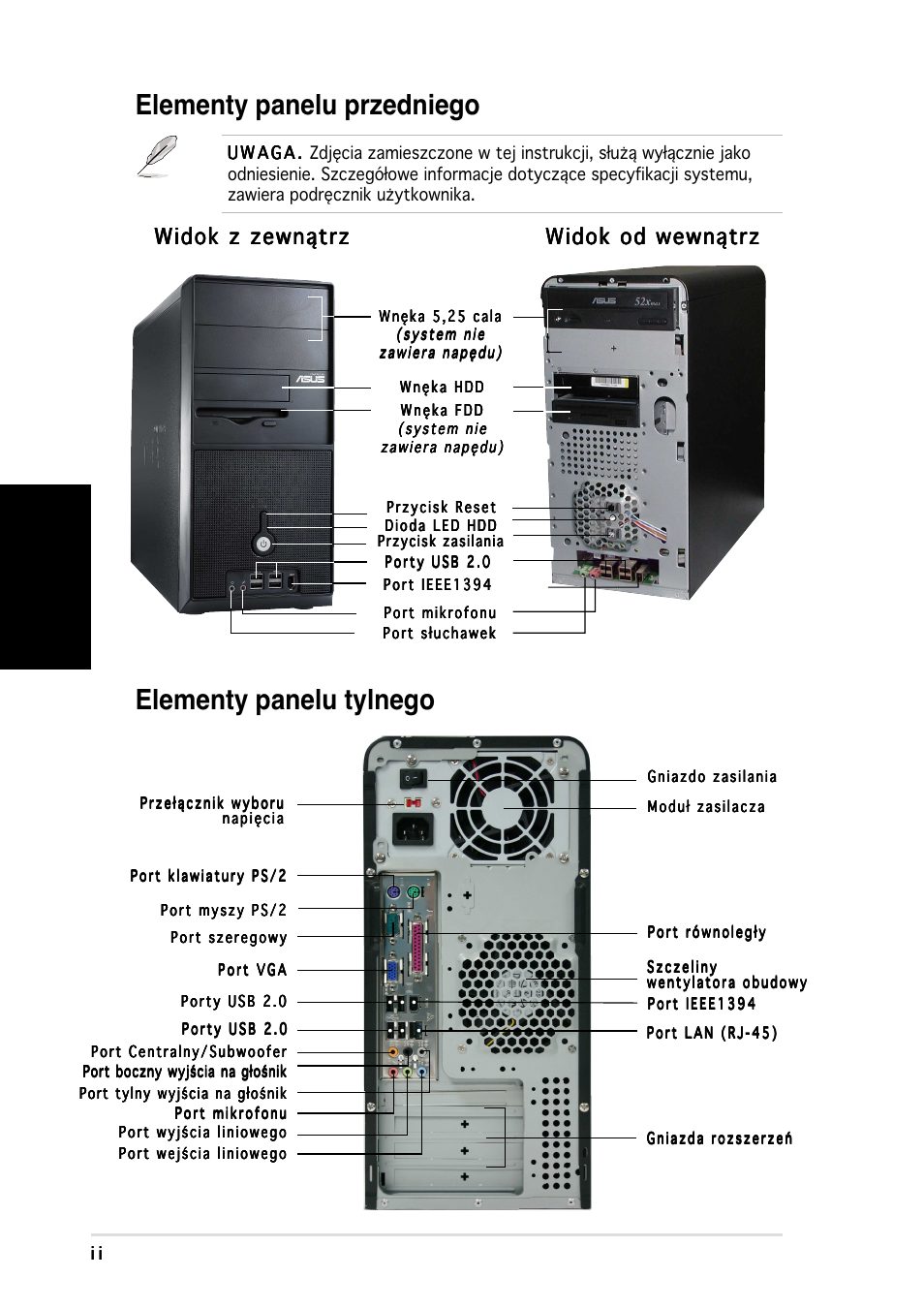 Elementy panelu przedniego, Elementy panelu tylnego, Polski | Widok z zewnątrz | Asus Vintage-PH1 User Manual | Page 66 / 80