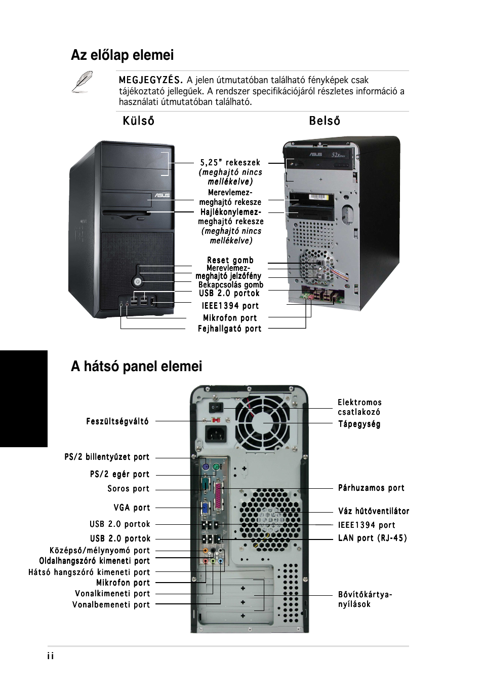 Az előlap elemei, A hátsó panel elemei, Magyar | Külső, Külső belső belső belső belső belső | Asus Vintage-PH1 User Manual | Page 74 / 80