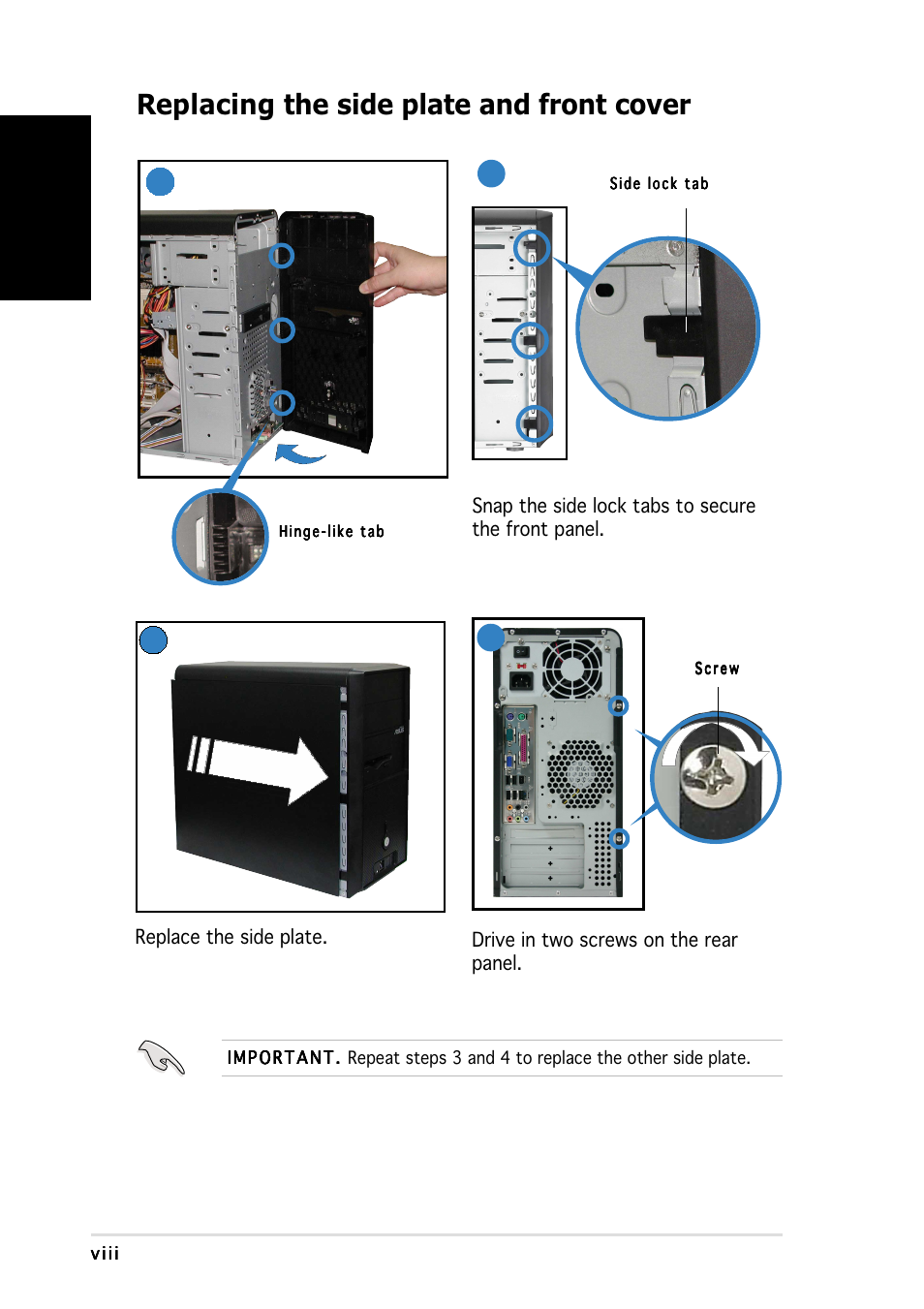 Replacing the side plate and front cover, English | Asus Vintage-PH1 User Manual | Page 8 / 80