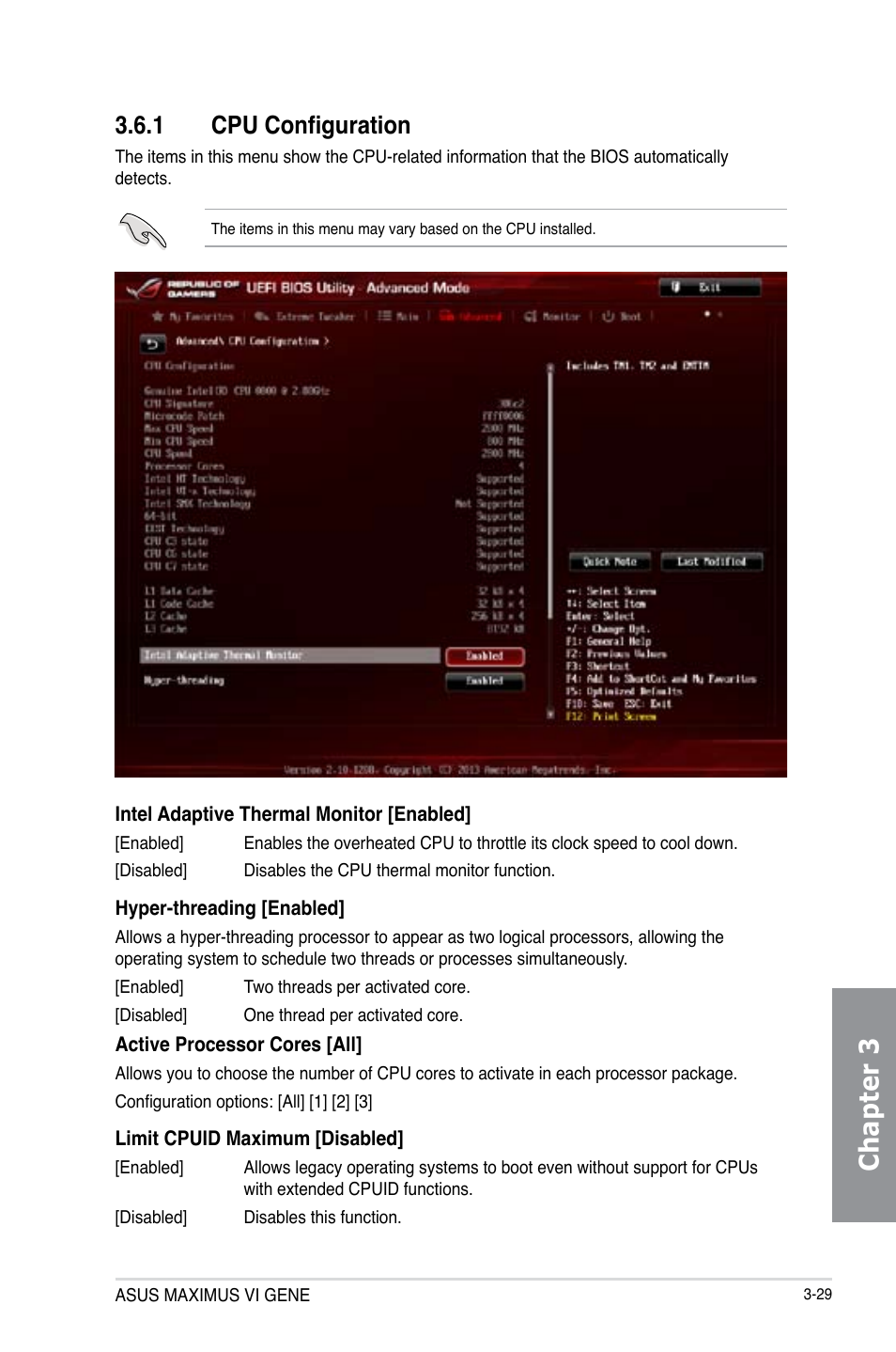 1 cpu configuration, Cpu configuration -29, Chapter 3 | Asus MAXIMUS VI GENE User Manual | Page 115 / 196