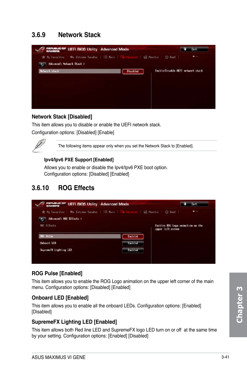 9 network stack, 10 rog effects, Network stack -41 | Rog effects -41, Chapter 3 | Asus MAXIMUS VI GENE User Manual | Page 127 / 196