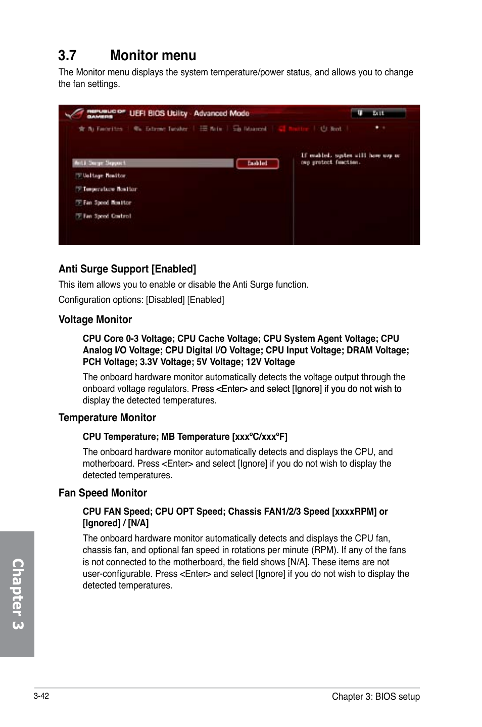 7 monitor menu, Monitor menu -42, Chapter 3 3.7 monitor menu | Asus MAXIMUS VI GENE User Manual | Page 128 / 196