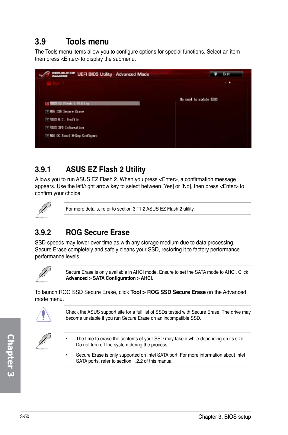 9 tools menu, 1 asus ez flash 2 utility, 2 rog secure erase | Tools menu -50 3.9.1, Asus ez flash 2 utility -50, Rog secure erase -50, Chapter 3 3.9 tools menu | Asus MAXIMUS VI GENE User Manual | Page 136 / 196