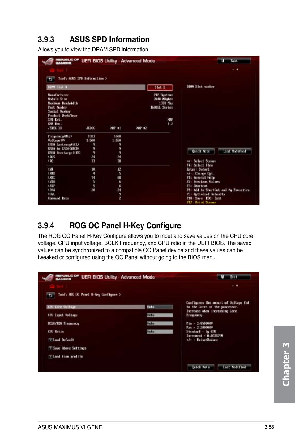 3 asus spd information, 4 rog oc panel h-key configure, Asus spd information -53 | Rog oc panel h-key configure -53, Chapter 3 | Asus MAXIMUS VI GENE User Manual | Page 139 / 196