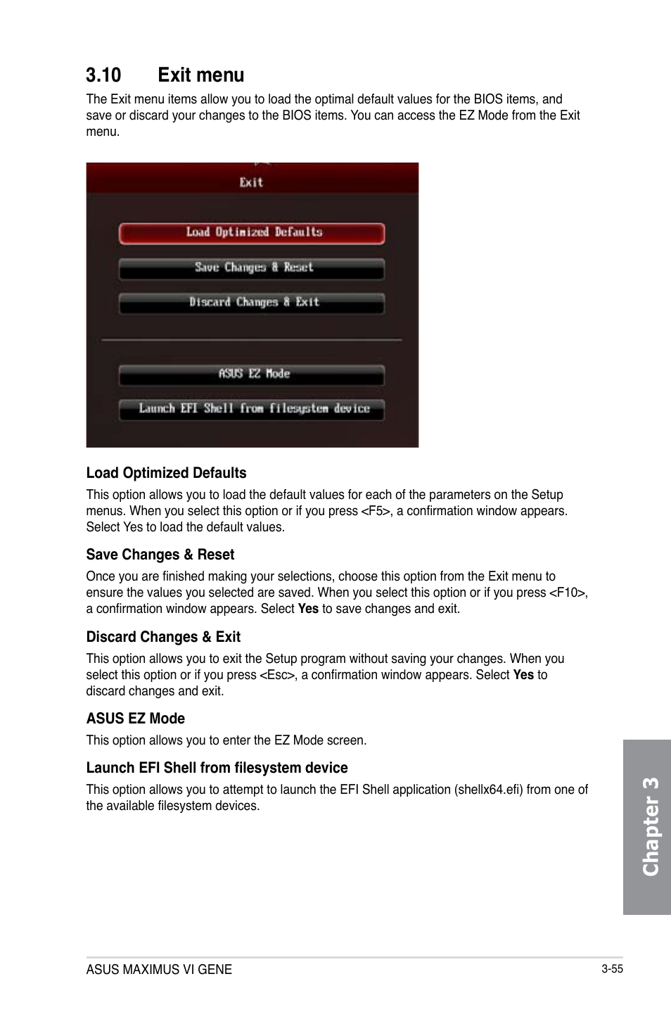 10 exit menu, Exit menu -55, Chapter 3 3.10 exit menu | Asus MAXIMUS VI GENE User Manual | Page 141 / 196