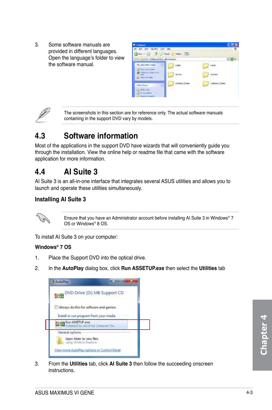 3 software information, 4 ai suite 3, Software information -3 | Ai suite 3 -3, Chapter 4 | Asus MAXIMUS VI GENE User Manual | Page 151 / 196