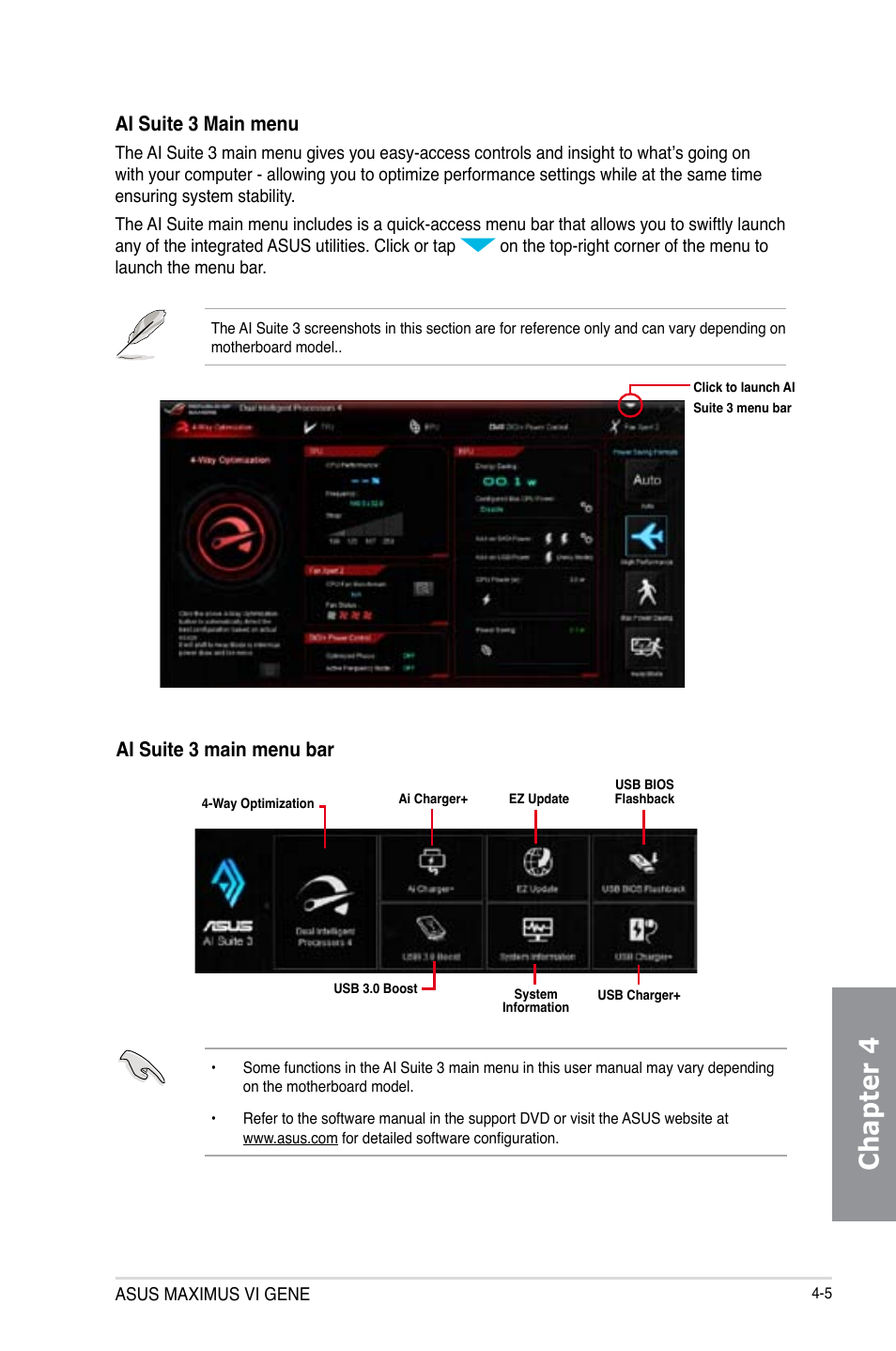 Chapter 4, Ai suite 3 main menu bar, Ai suite 3 main menu | Asus MAXIMUS VI GENE User Manual | Page 153 / 196