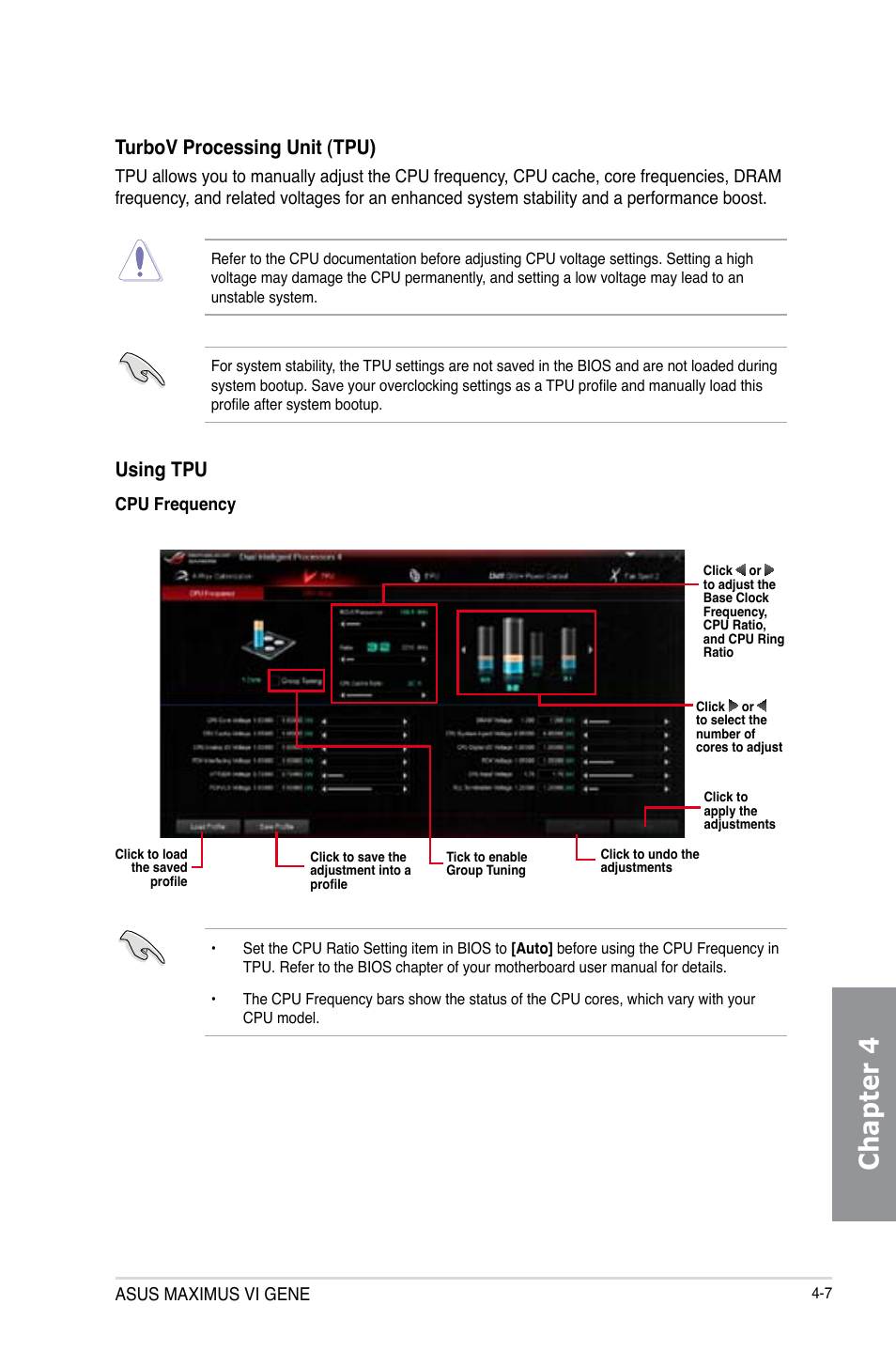 Chapter 4, Using tpu, Turbov processing unit (tpu) | Asus MAXIMUS VI GENE User Manual | Page 155 / 196