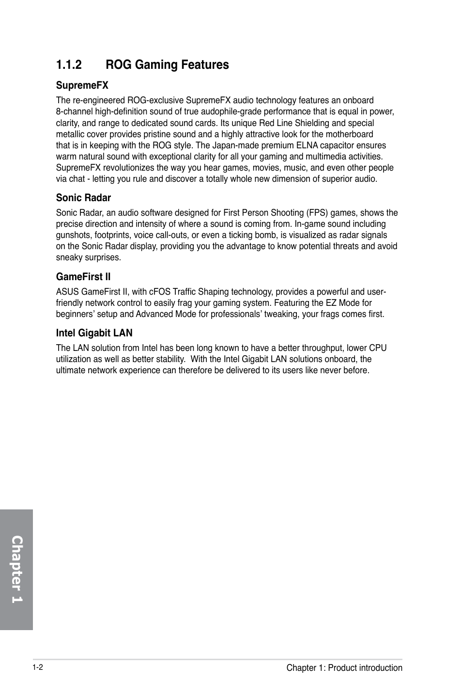 2 rog gaming features, Rog gaming features -2, Chapter 1 | Asus MAXIMUS VI GENE User Manual | Page 16 / 196