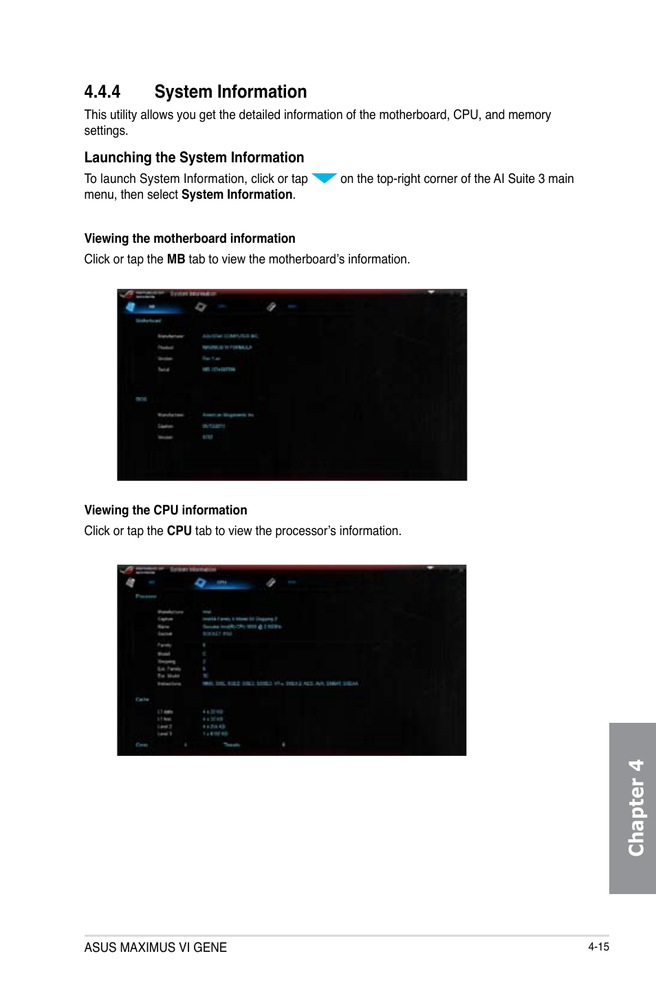 4 system information, System information -15, Chapter 4 | Asus MAXIMUS VI GENE User Manual | Page 163 / 196