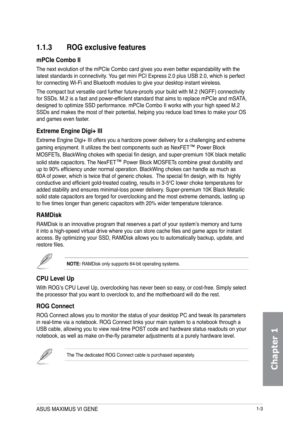 3 rog exclusive features, Rog exclusive features -3, Chapter 1 | Asus MAXIMUS VI GENE User Manual | Page 17 / 196