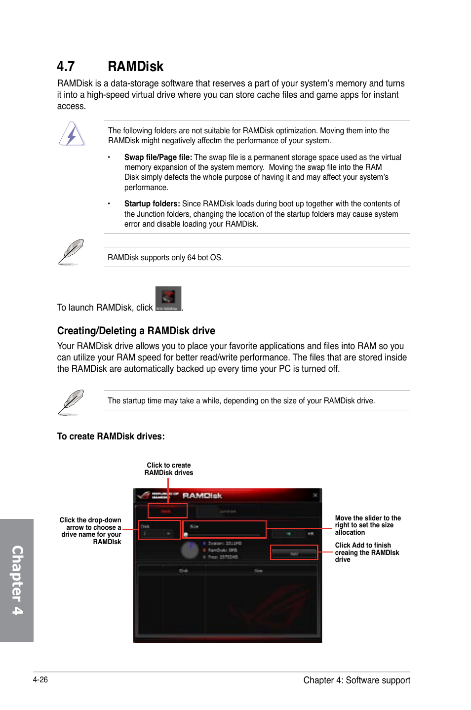 7 ramdisk, Ramdisk -26, Chapter 4 4.7 ramdisk | Creating/deleting a ramdisk drive | Asus MAXIMUS VI GENE User Manual | Page 174 / 196