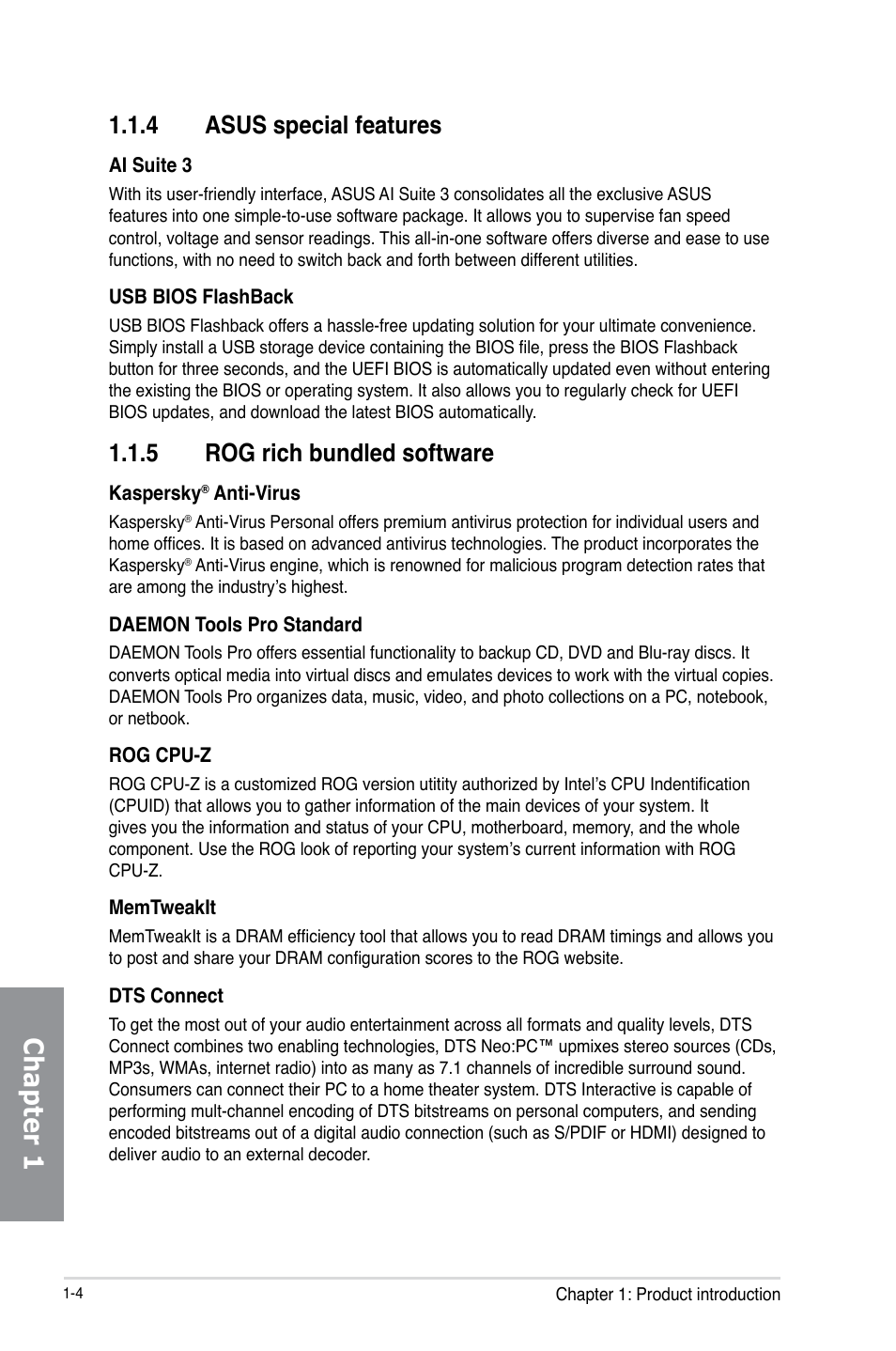 4 asus special features, 5 rog rich bundled software, Asus special features -4 | Rog rich bundled software -4, Chapter 1 | Asus MAXIMUS VI GENE User Manual | Page 18 / 196