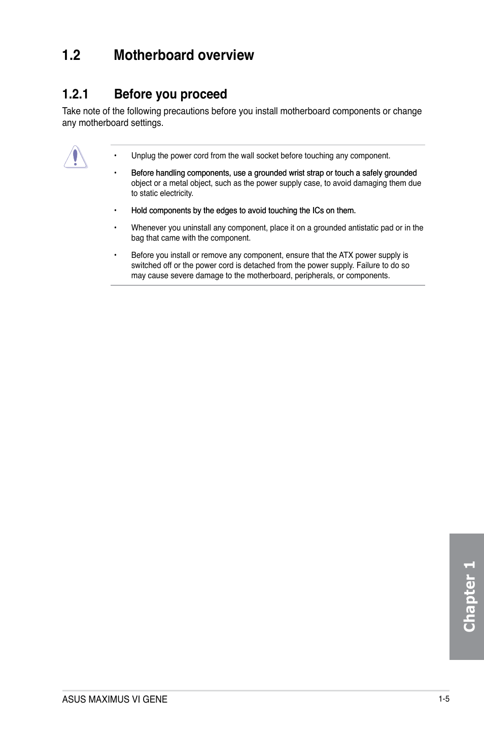 2 motherboard overview, 1 before you proceed, Motherboard overview -5 1.2.1 | Before you proceed -5, Chapter 1 1.2 motherboard overview | Asus MAXIMUS VI GENE User Manual | Page 19 / 196