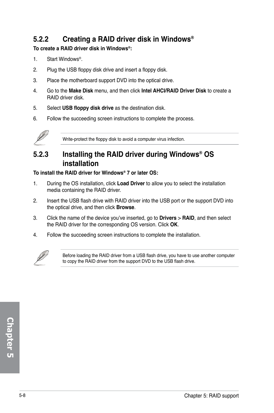 2 creating a raid driver disk in windows, Creating a raid driver disk in windows, Installing the raid driver during windows | Os installation -8, Chapter 5, 3 installing the raid driver during windows, Os installation | Asus MAXIMUS VI GENE User Manual | Page 190 / 196