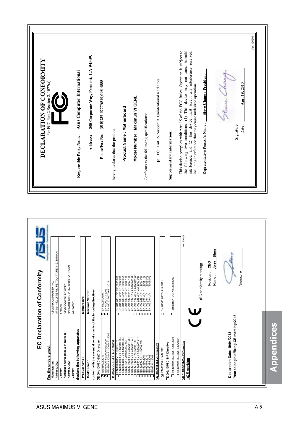 Appendices, Declaration of conformity, Asus maximus vi gene | Ec declaration of conformity, Asu s c om pu te r in te rn at io na l | Asus MAXIMUS VI GENE User Manual | Page 195 / 196