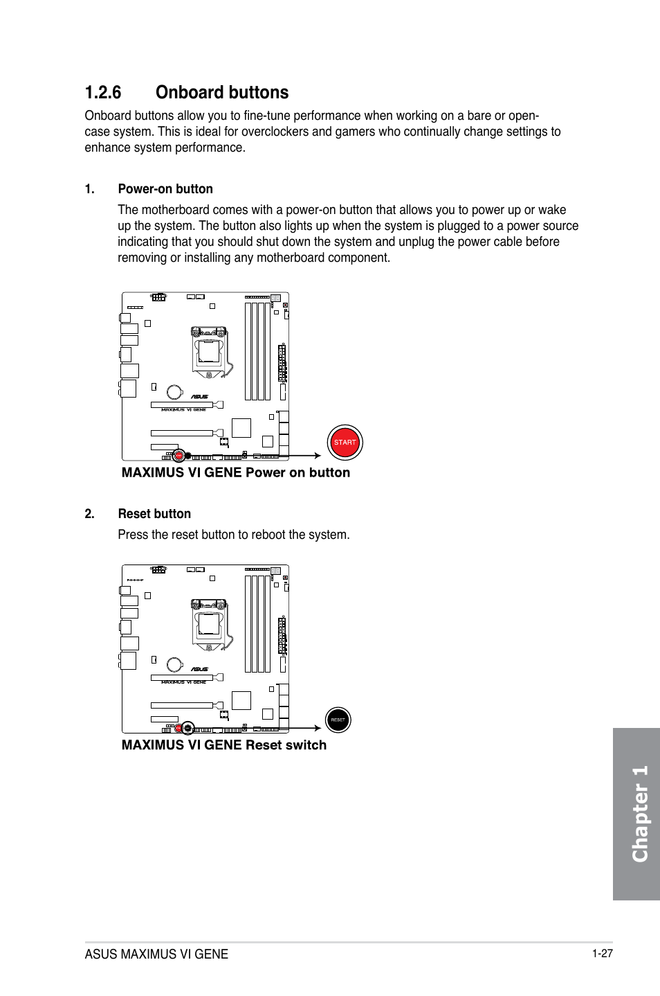 6 onboard buttons, Onboard buttons -27, Chapter 1 | Asus MAXIMUS VI GENE User Manual | Page 41 / 196