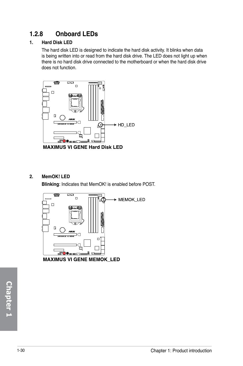 8 onboard leds, Onboard leds -30, Chapter 1 | Asus MAXIMUS VI GENE User Manual | Page 44 / 196