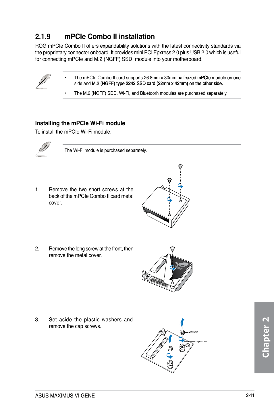 9 mpcie combo ii installation, Mpcie combo ii installation -11, Chapter 2 | Asus MAXIMUS VI GENE User Manual | Page 73 / 196