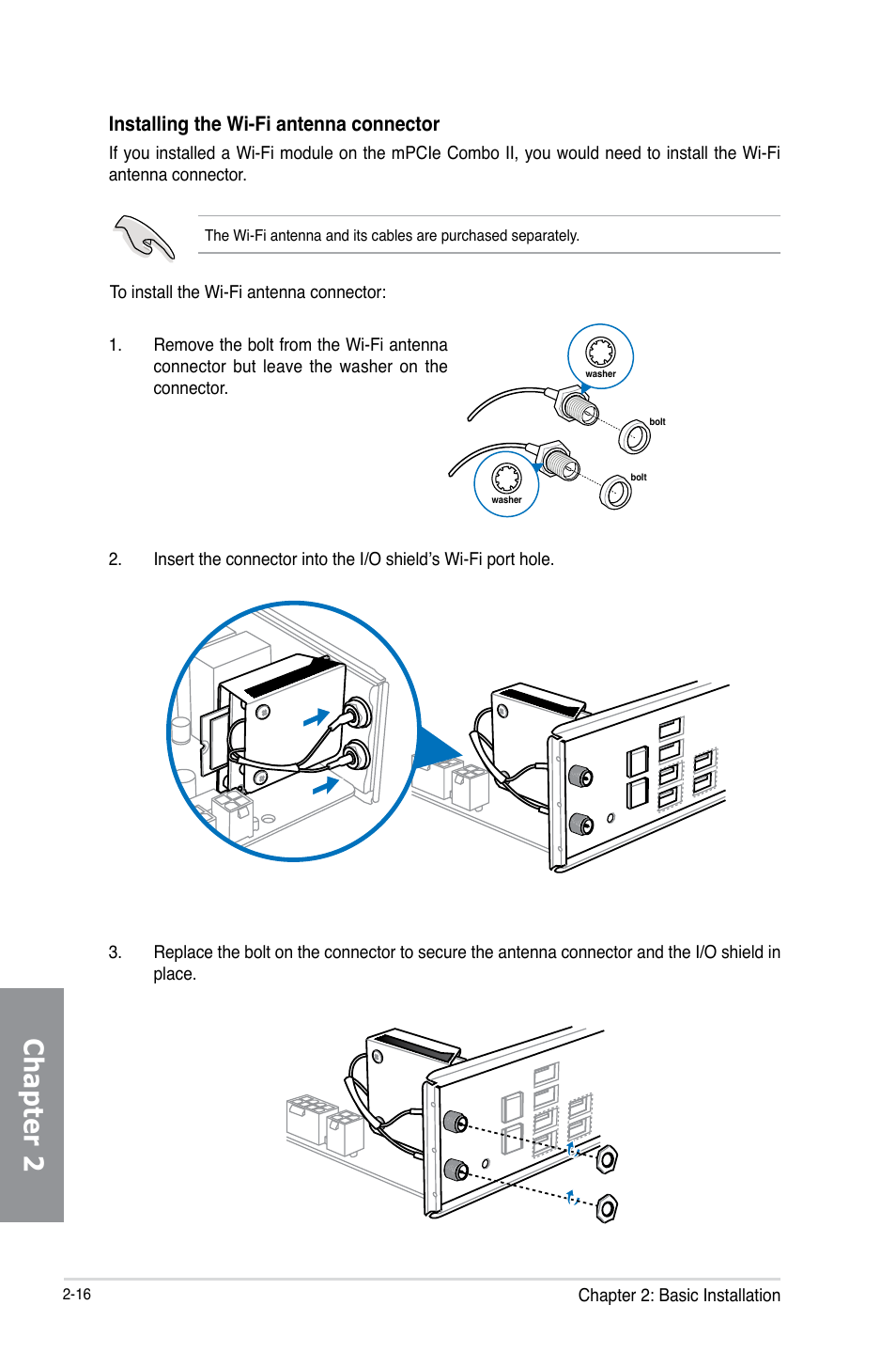 Chapter 2, Installing the wi-fi antenna connector | Asus MAXIMUS VI GENE User Manual | Page 78 / 196