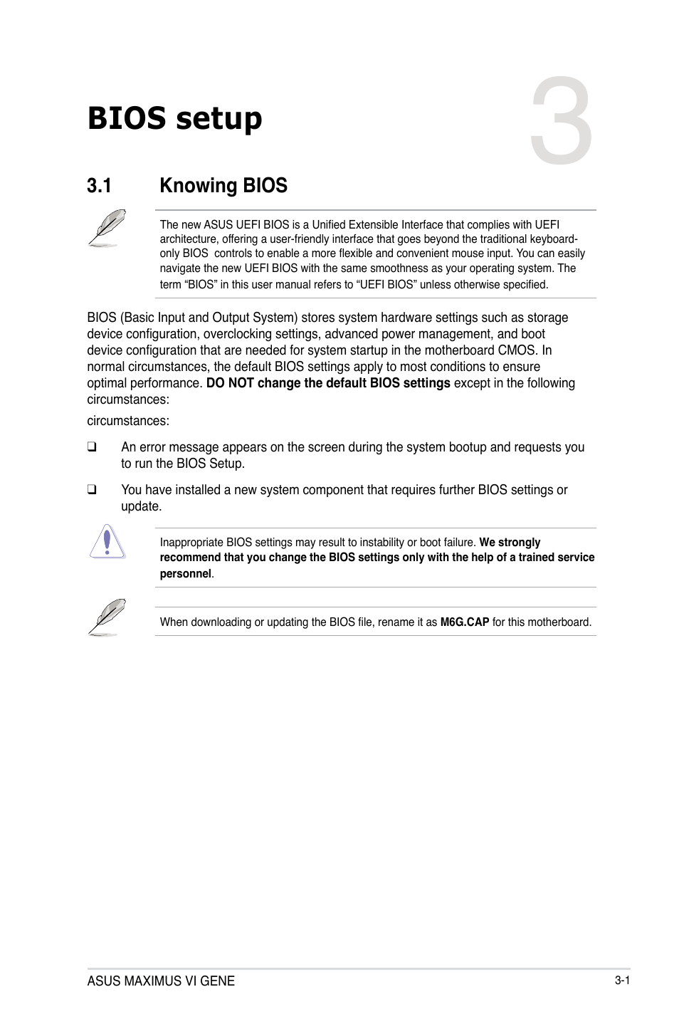 Chapter 3: bios setup, 1 knowing bios, Chapter 3 | Bios setup, Knowing bios -1 | Asus MAXIMUS VI GENE User Manual | Page 87 / 196