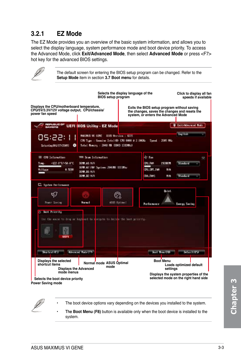 1 ez mode, Ez mode -3, Chapter 3 | Asus MAXIMUS VI GENE User Manual | Page 89 / 196