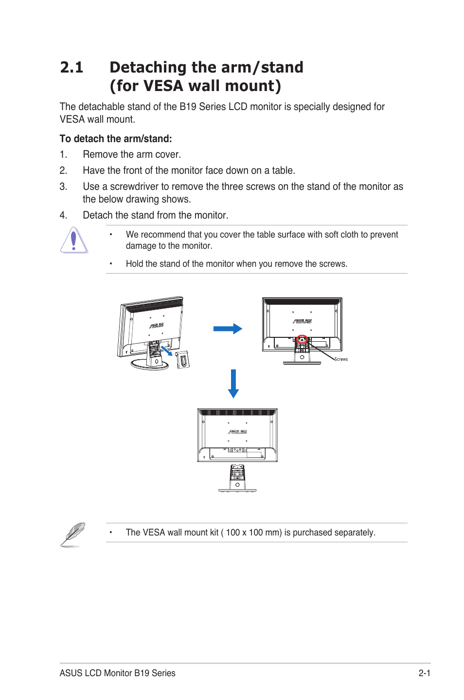 1 detaching the arm/stand (for vesa wall mount) | Asus B19D User Manual | Page 11 / 19