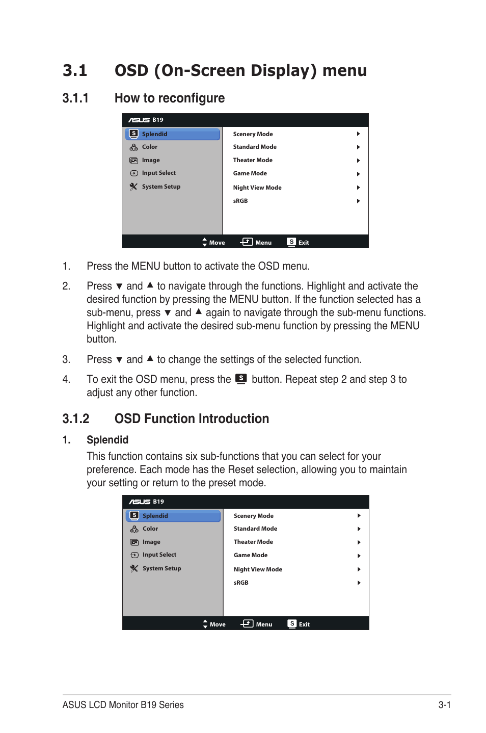 1 osd (on-screen display) menu, 1 how to reconfigure, 2 osd function introduction | Asus B19D User Manual | Page 13 / 19