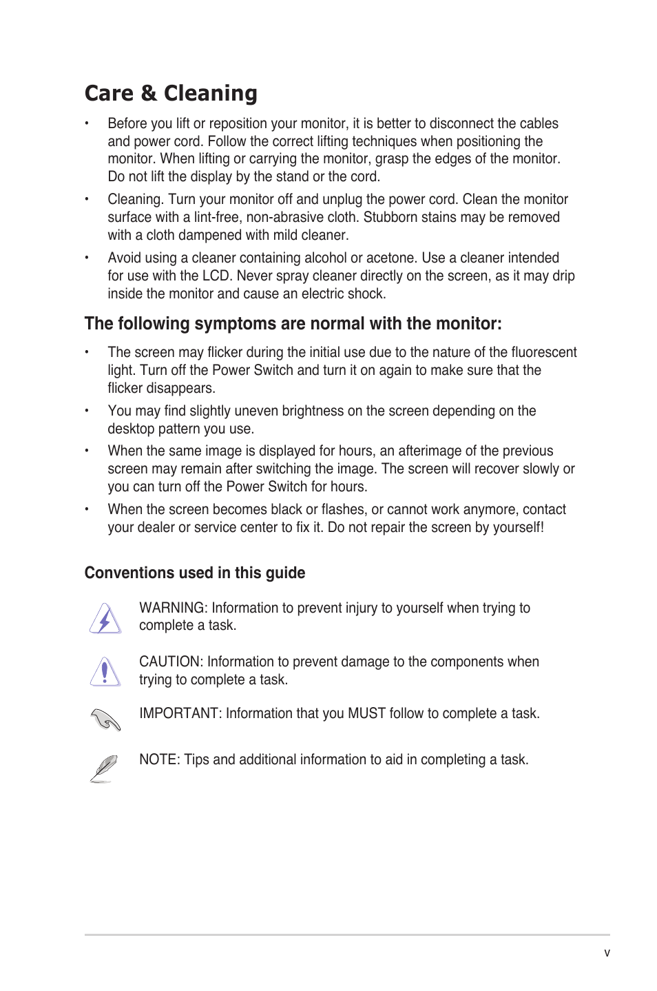 Care & cleaning, The following symptoms are normal with the monitor | Asus B19D User Manual | Page 5 / 19