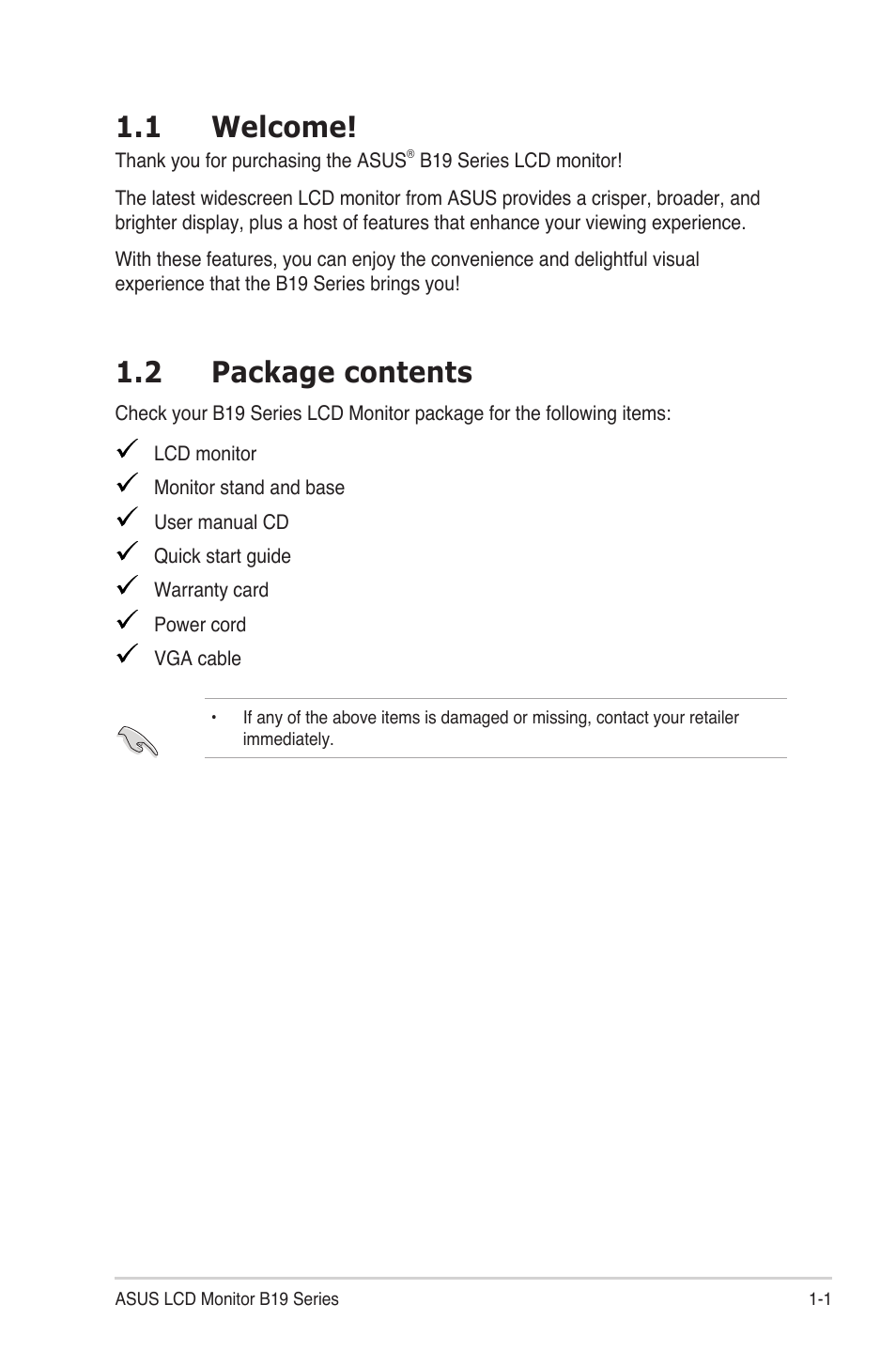 1 welcome, 2 package contents | Asus B19D User Manual | Page 7 / 19