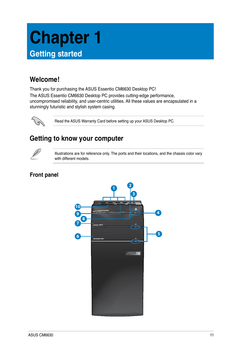 Chapter 1, Getting started, Welcome | Getting to know your computer, Welcome! getting to know your computer | Asus CM6630 User Manual | Page 11 / 68