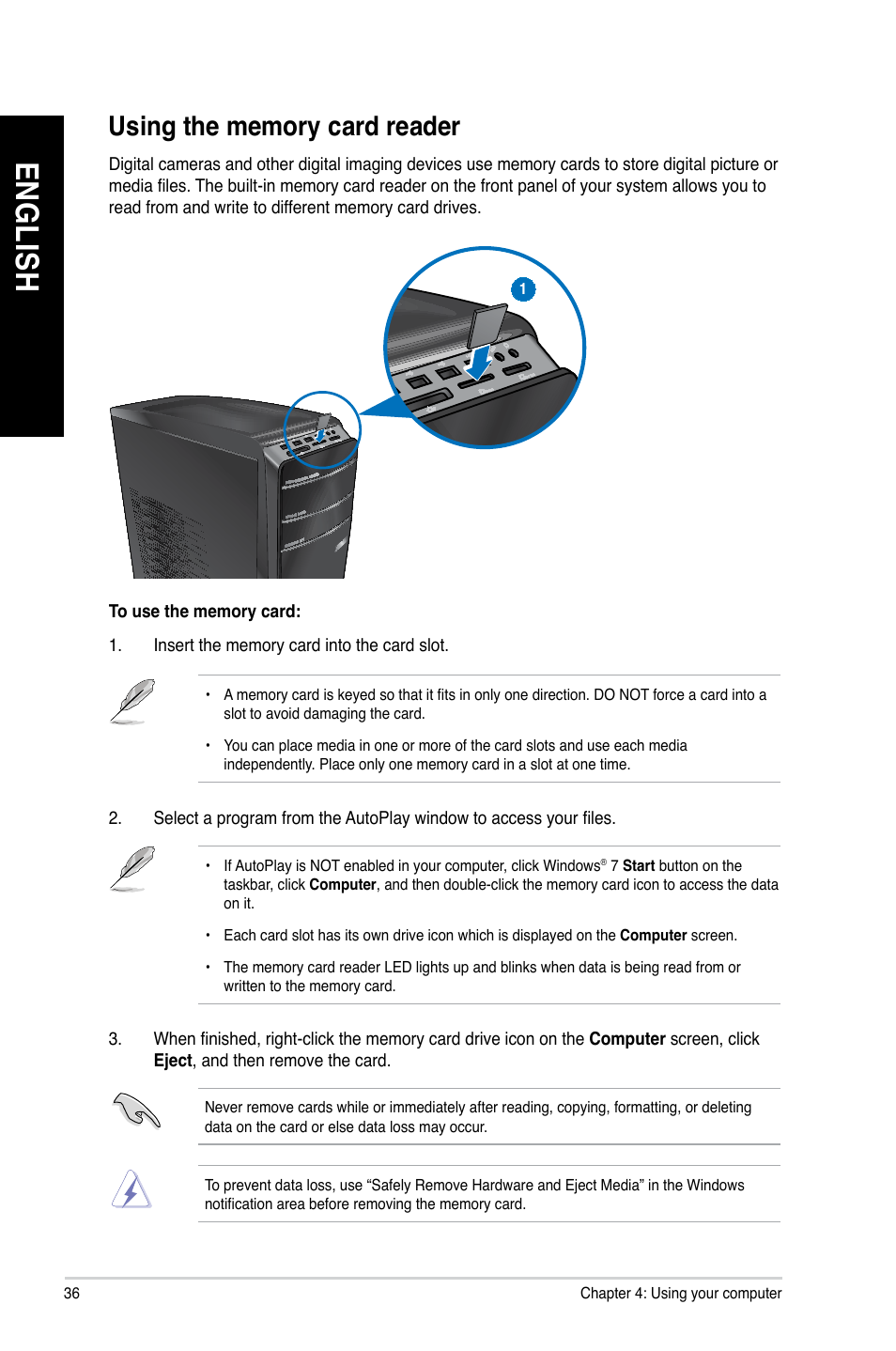 Using the memory card reader, En gl is h en gl is h en gl is h en gl is h | Asus CM6630 User Manual | Page 36 / 68