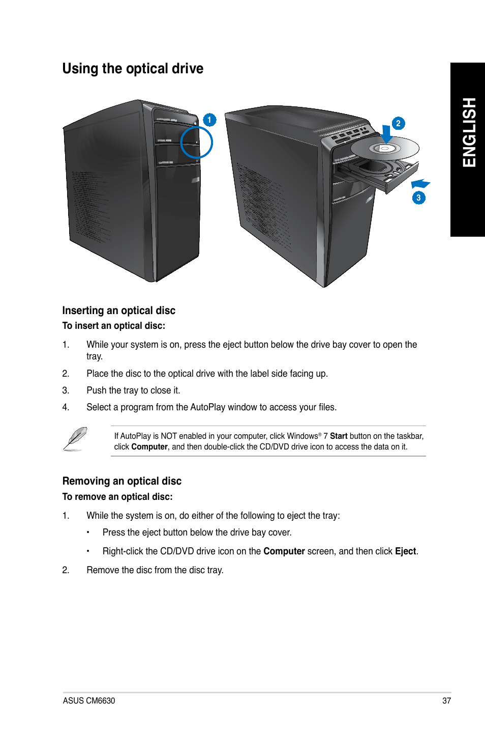 Using the optical drive, En gl is h en gl is h | Asus CM6630 User Manual | Page 37 / 68