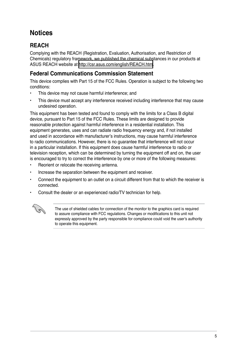 Notices, Reach, Federal communications commission statement | Asus CM6630 User Manual | Page 5 / 68