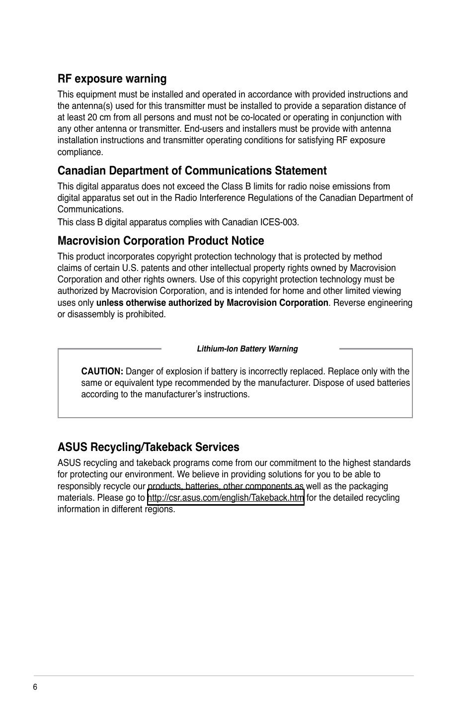 Rf exposure warning, Canadian department of communications statement, Macrovision corporation product notice | Asus recycling/takeback services | Asus CM6630 User Manual | Page 6 / 68