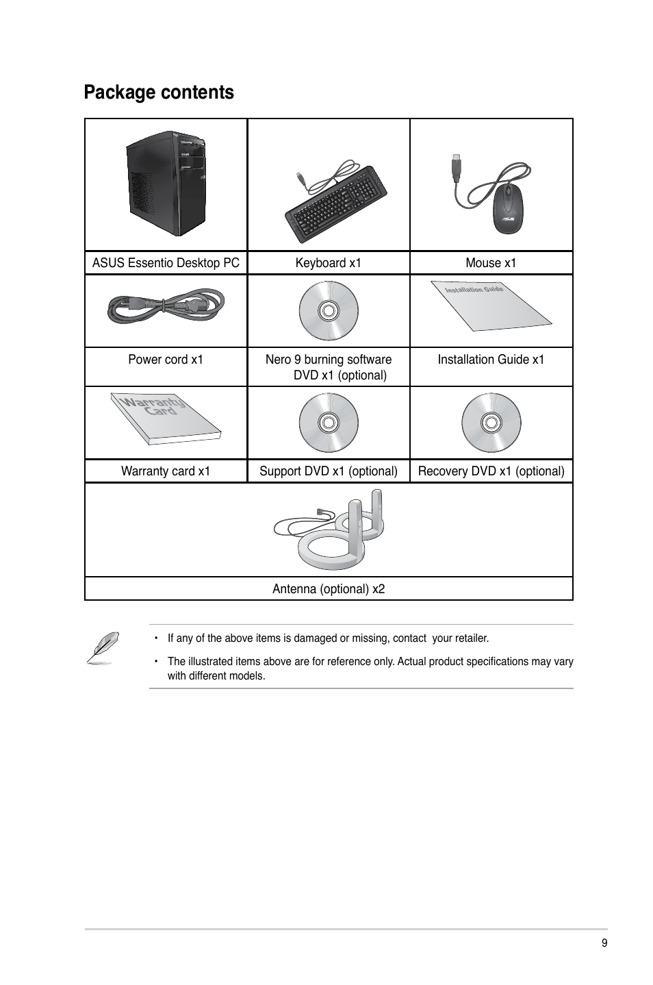 Package contents | Asus CM6630 User Manual | Page 9 / 68