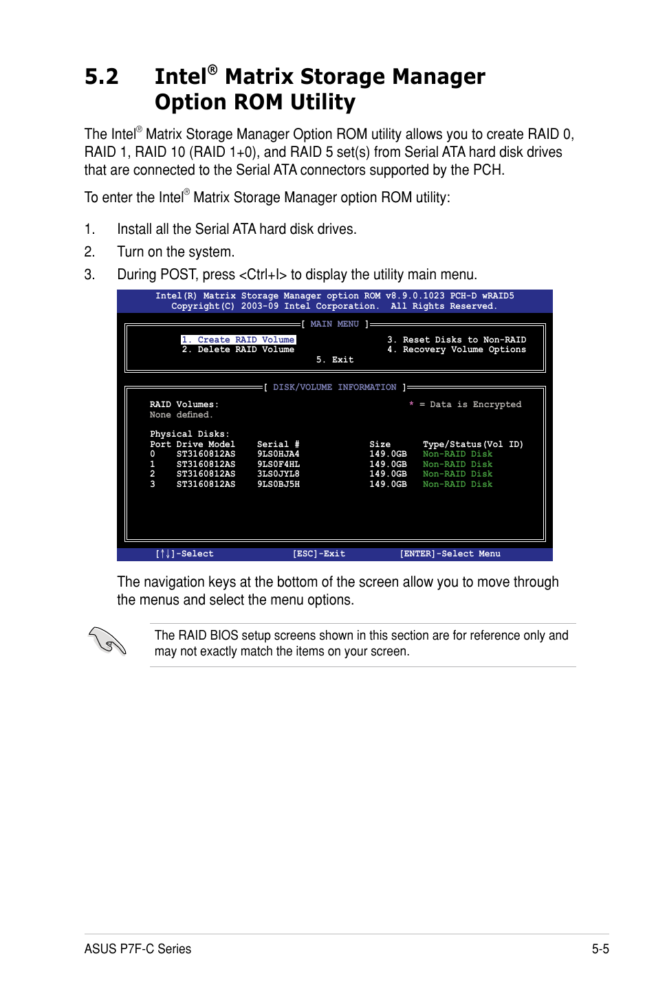 2 intel, Matrix storage manager option rom utility, The intel | Asus P7F-C/SAS User Manual | Page 101 / 180