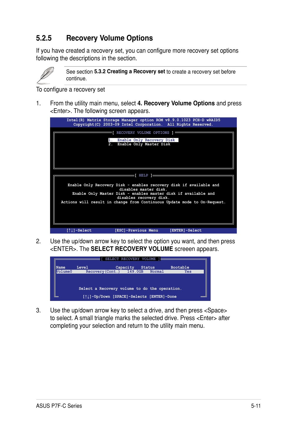 5 recovery volume options | Asus P7F-C/SAS User Manual | Page 107 / 180