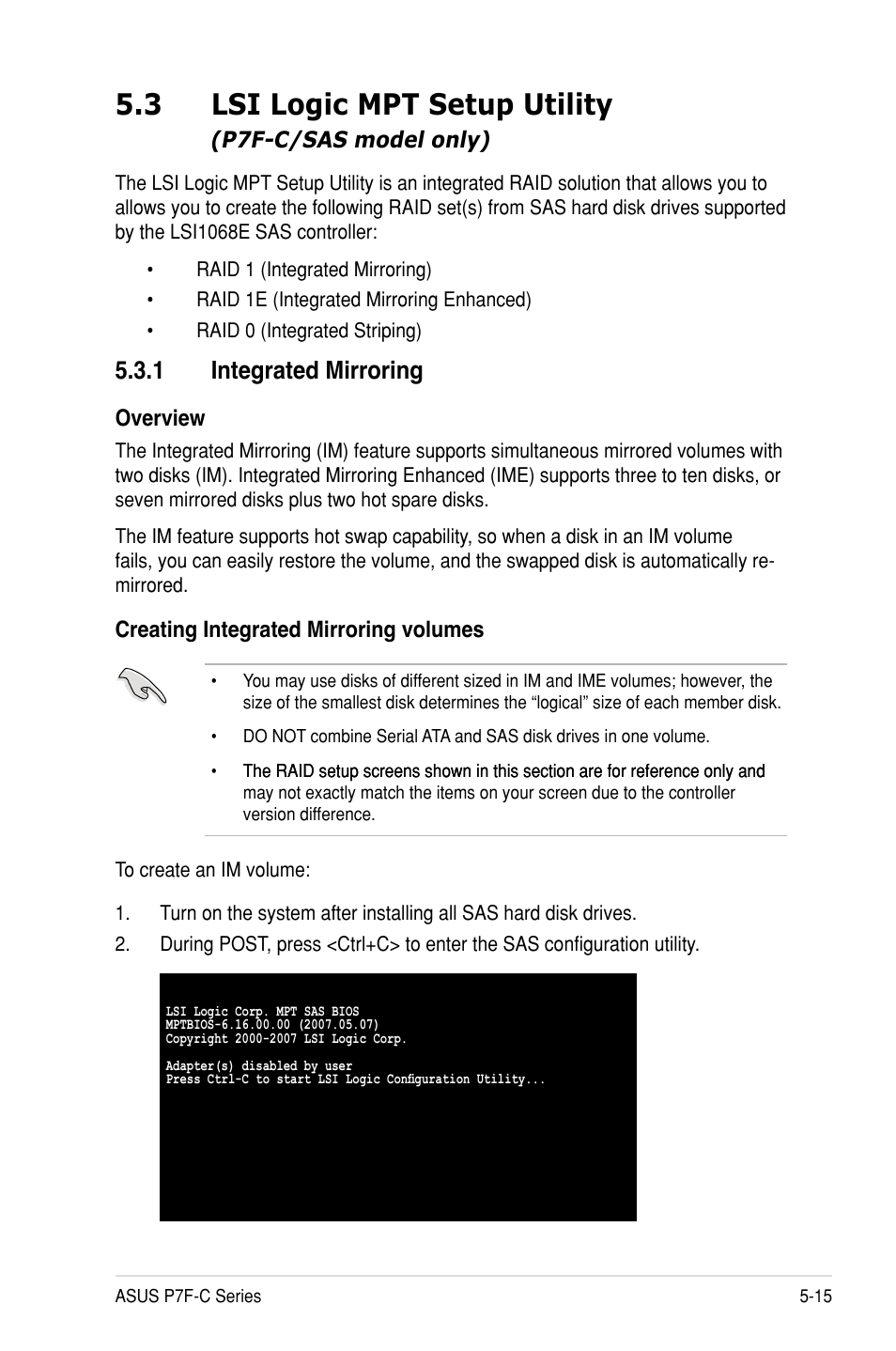 3 lsi logic mpt setup utility, 1 integrated mirroring | Asus P7F-C/SAS User Manual | Page 111 / 180