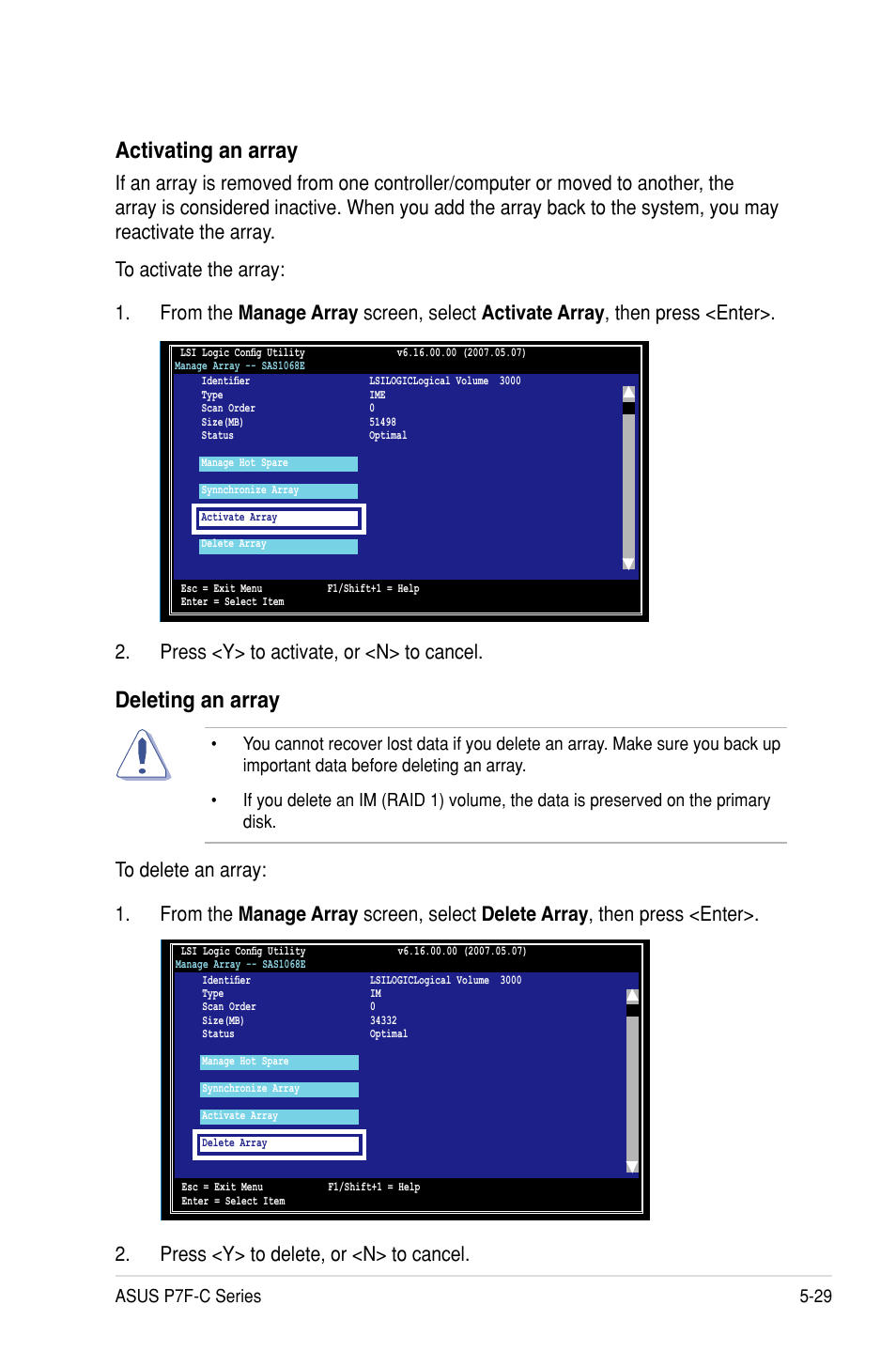 Activating an array, Deleting an array, Asus p7f-c series 5-29 | Asus P7F-C/SAS User Manual | Page 125 / 180