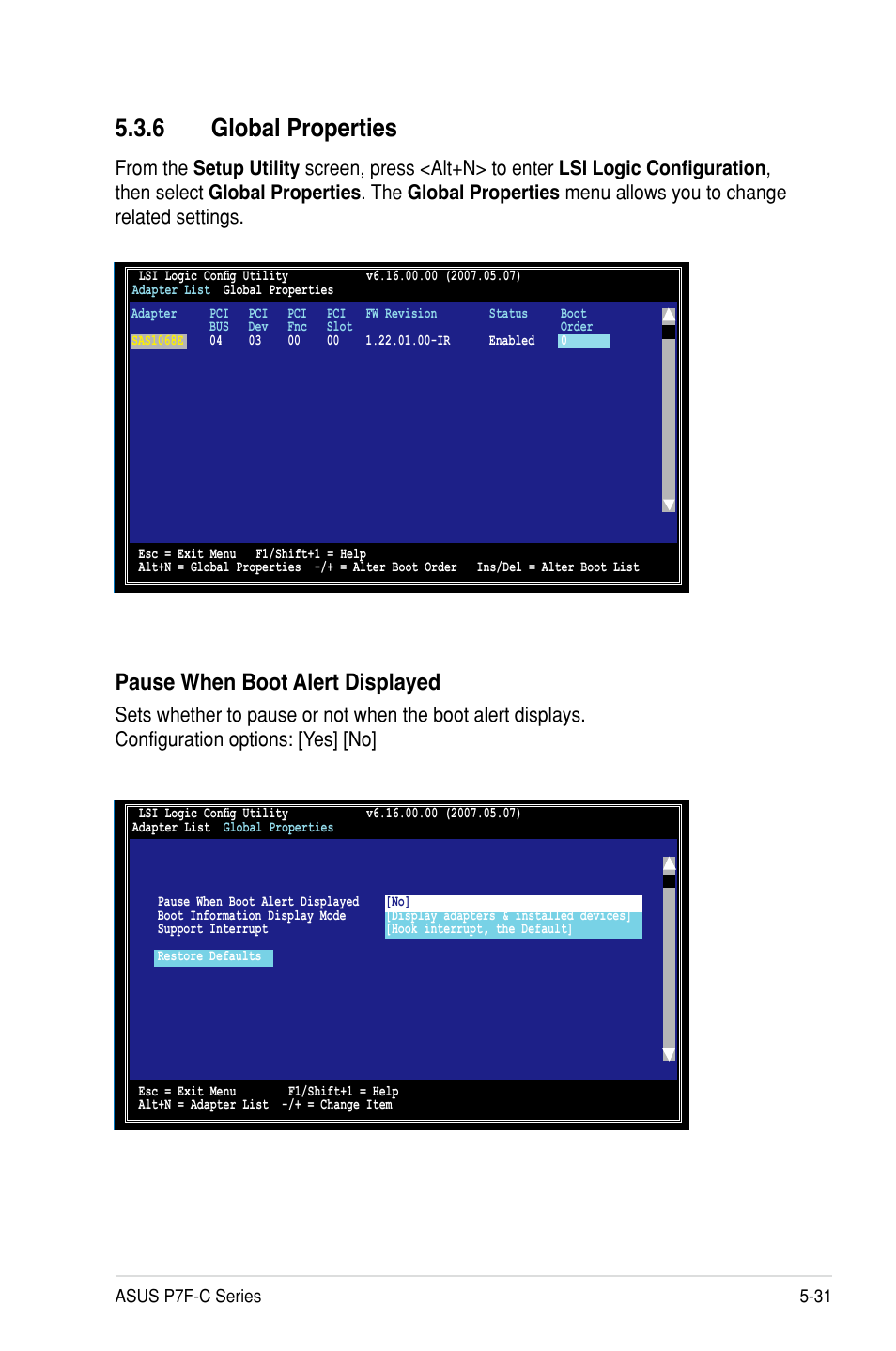 6 global properties, Pause when boot alert displayed | Asus P7F-C/SAS User Manual | Page 127 / 180